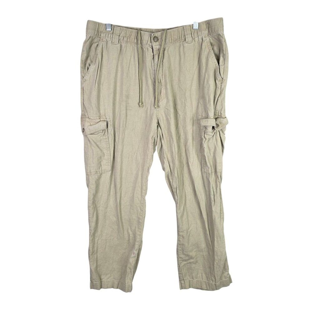 Mens Roundtree & Yorke Beige Cargo Pants Linen Blend Drawstring Size 40X30